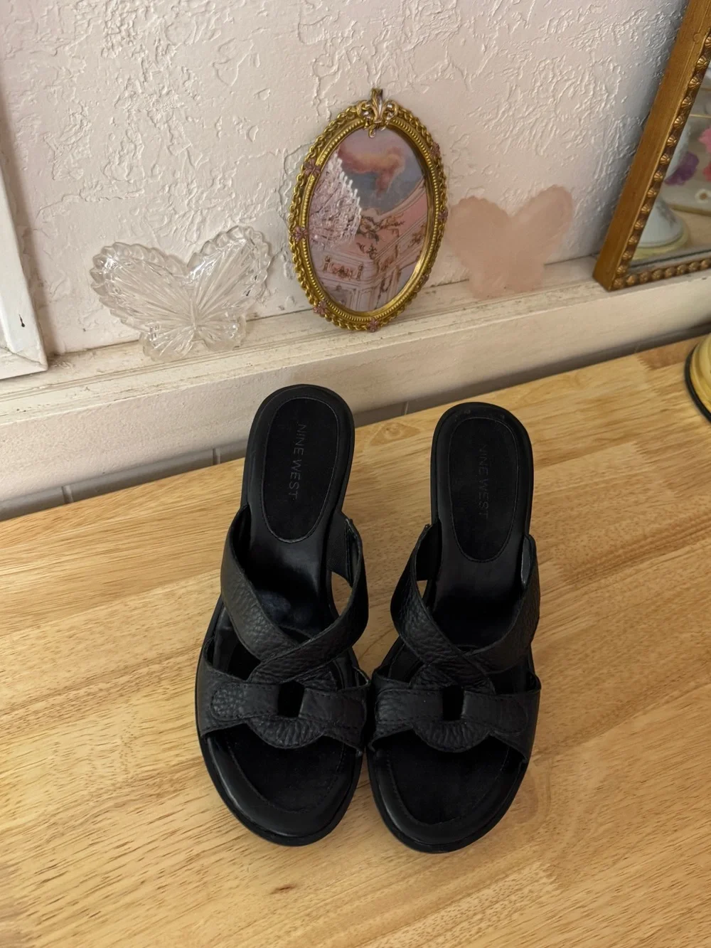 Nine West Black Leather Platform Wedge Slide Sandals Size 7.5 Y2K Minimalist